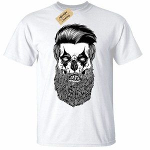 With Beard Clown Skull T-Shirt Mens Beard Halloween Hipster Skeleton White